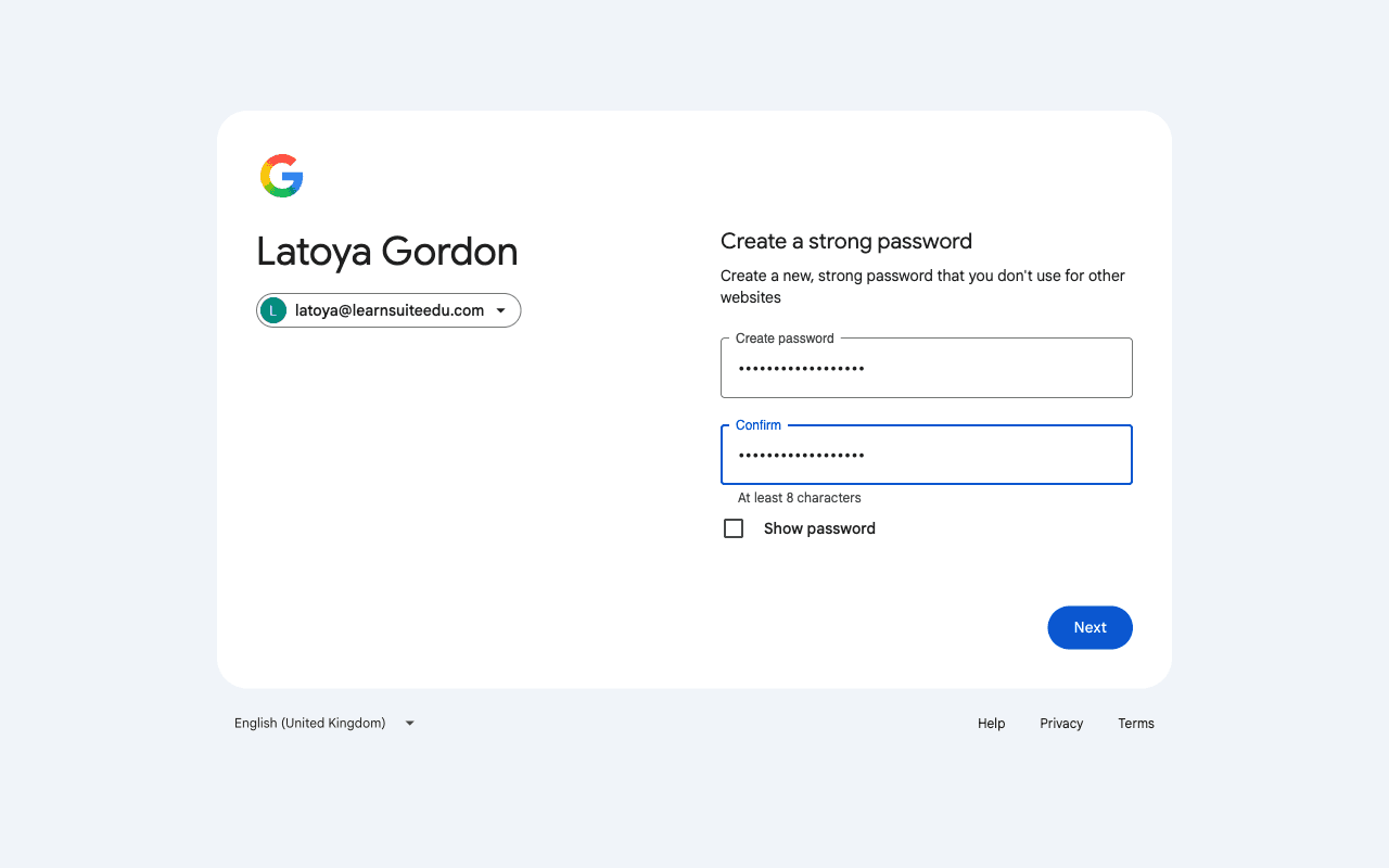 Create a strong password page with both password boxes