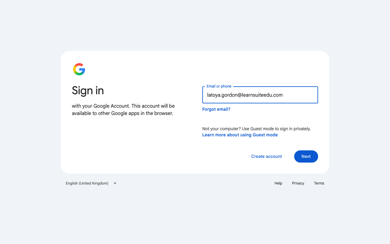 Google sign-in page with the email box filled in