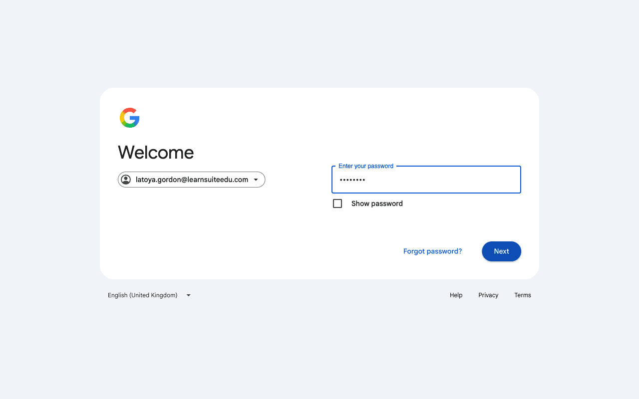 Google password page with the password box