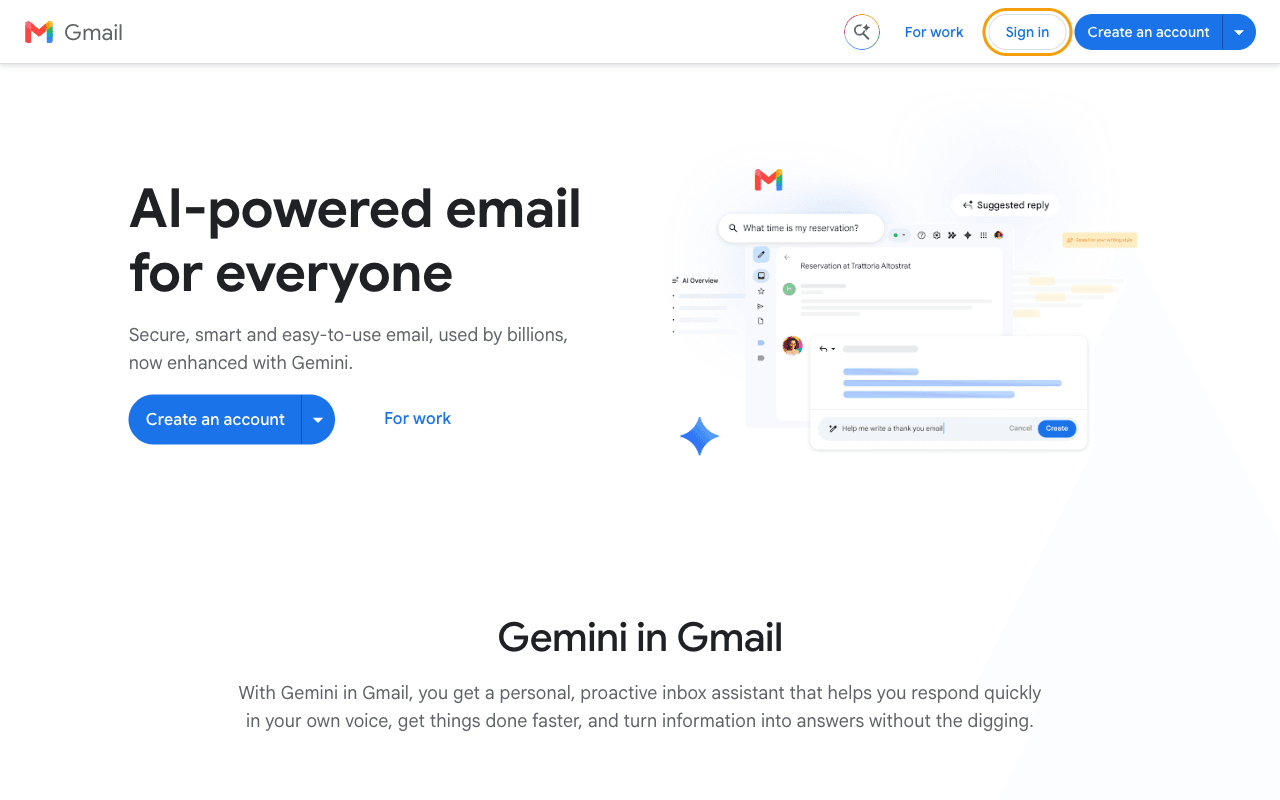 Gmail welcome page with the Sign in button highlighted