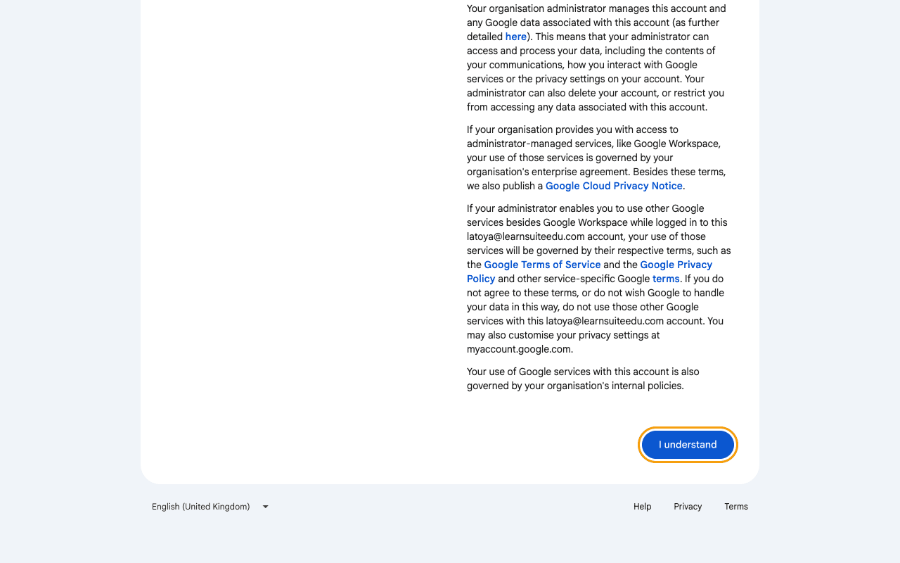 Bottom of the welcome page with the I understand button highlighted