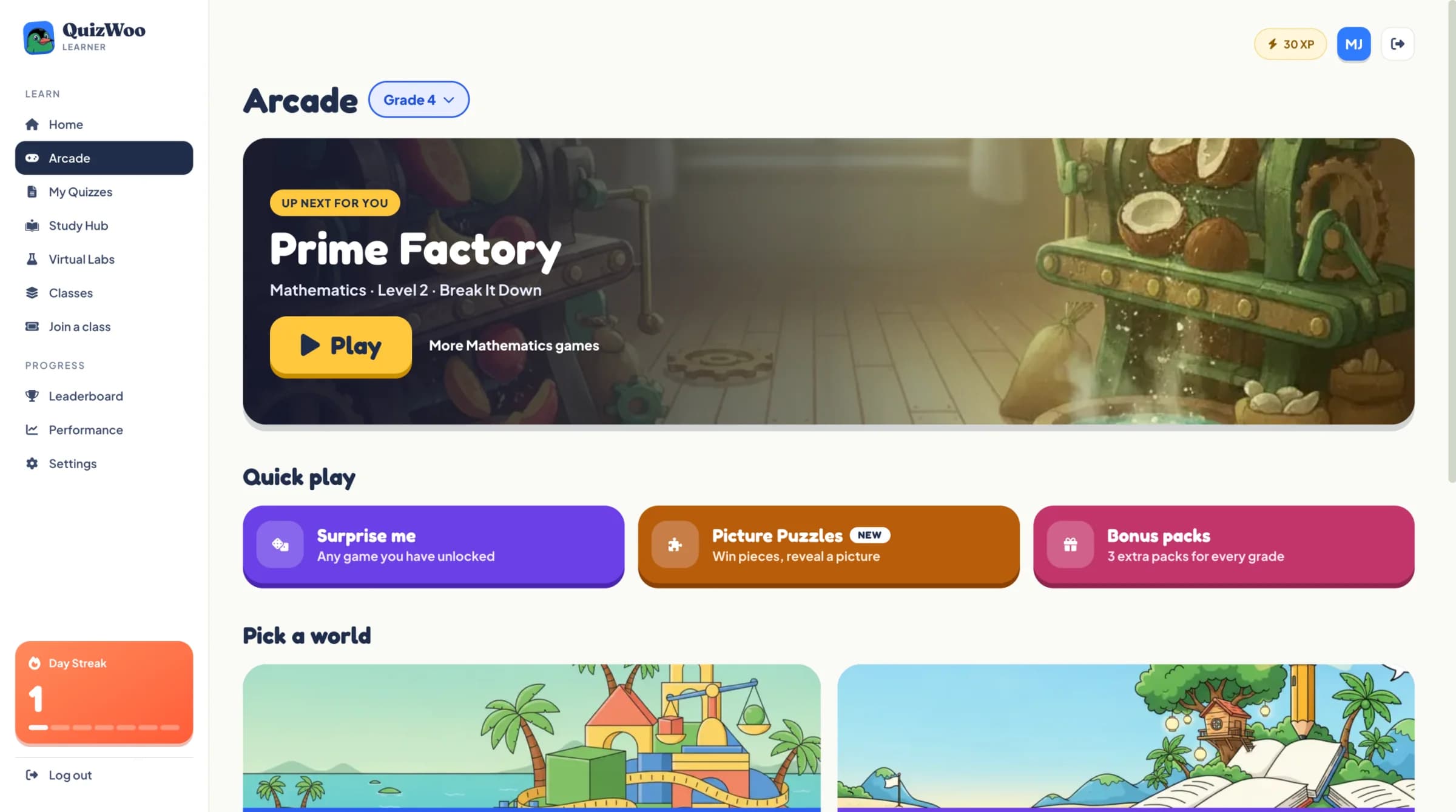 The QuizWoo arcade home screen, with an Up next for you card for the Prime Factory maths game, a large Play button, and Quick play options below