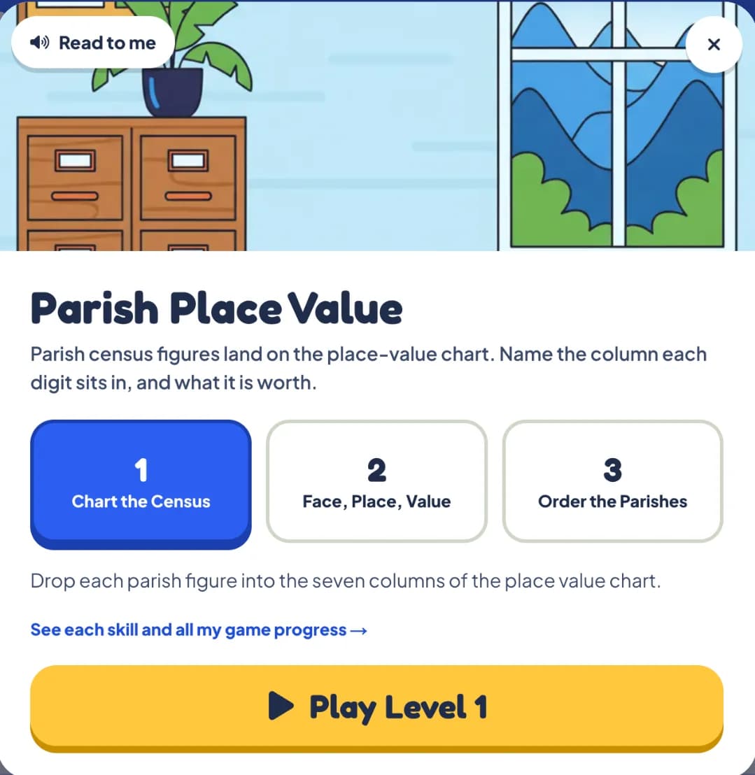 The level card for Parish Place Value, with a Read to me button, three named levels and a yellow Play Level 1 button