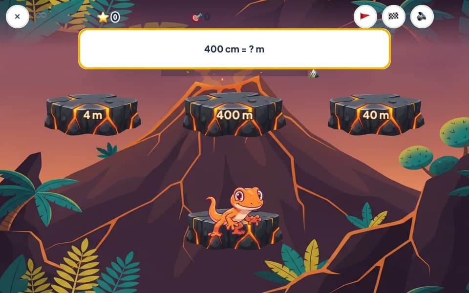 An orange gecko on a rock below a volcano, choosing between rocks labelled 4 m, 400 m and 40 m to answer 400 cm equals how many metres