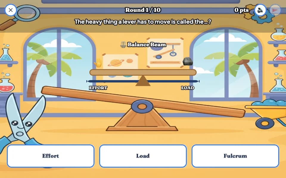 A science lab with a wooden seesaw lever and a balance beam diagram, asking what the heavy thing a lever moves is called, with answers Effort, Load and Fulcrum
