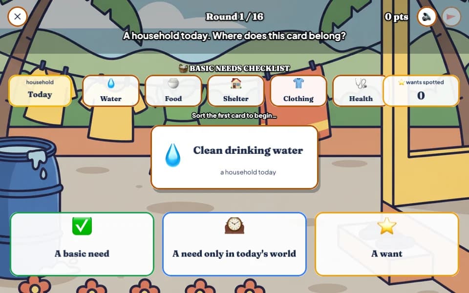 A yard with a basic needs checklist and the card Clean drinking water, to be sorted as a basic need, a need only in today's world, or a want