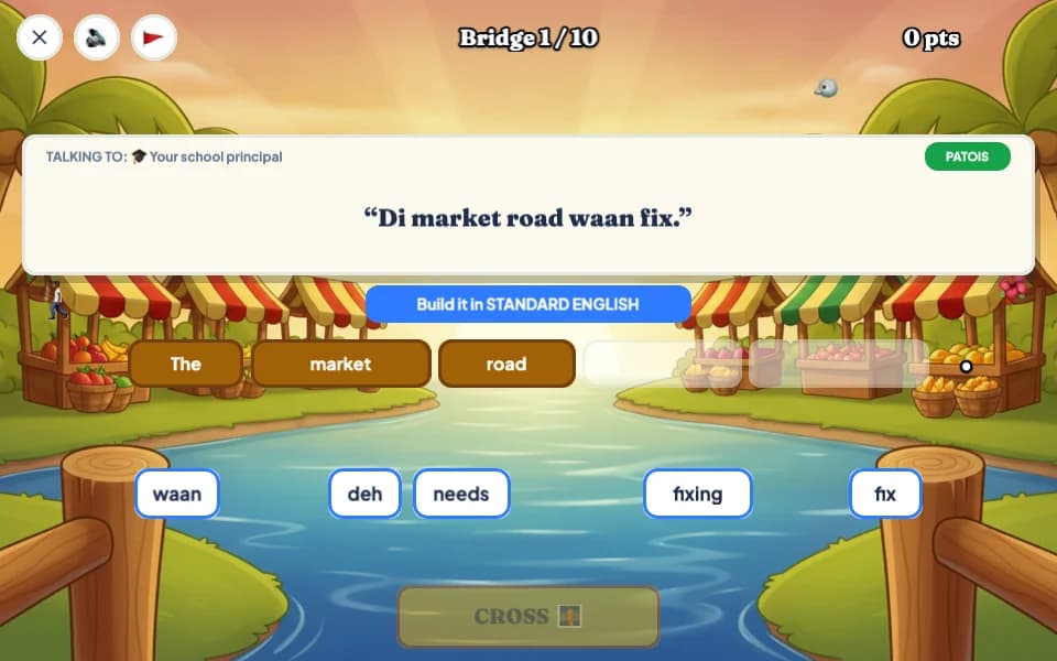 A riverside market where the Patois sentence Di market road waan fix is being rebuilt in Standard English, with the planks The market road already laid