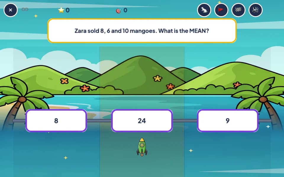 A rocket flying toward three answer gates, 8, 24 and 9, over a tropical bay, under the question Zara sold 8, 6 and 10 mangoes, what is the mean