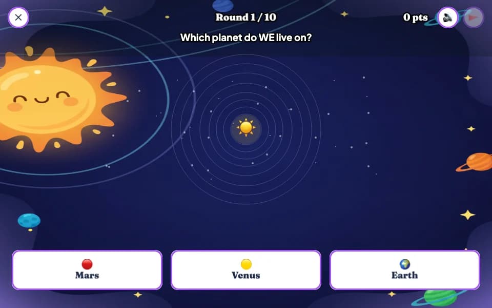 A smiling cartoon sun and planet orbits on a starry background, asking which planet we live on, with answers Mars, Venus and Earth