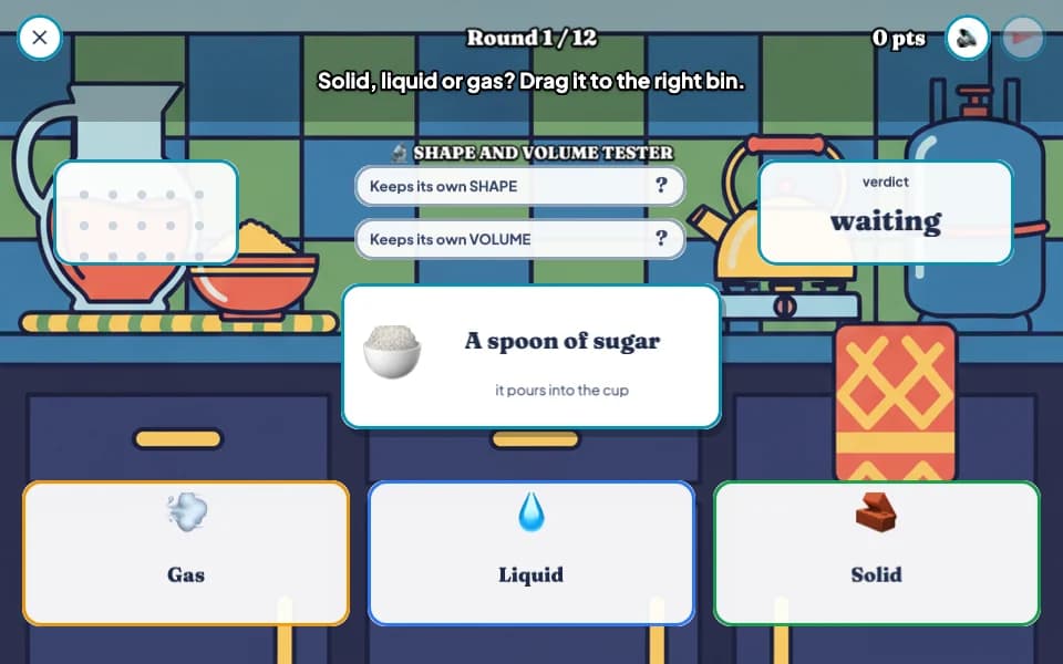 An illustrated kitchen with a shape and volume tester and the card A spoon of sugar, ready to drag into a Gas, Liquid or Solid bin