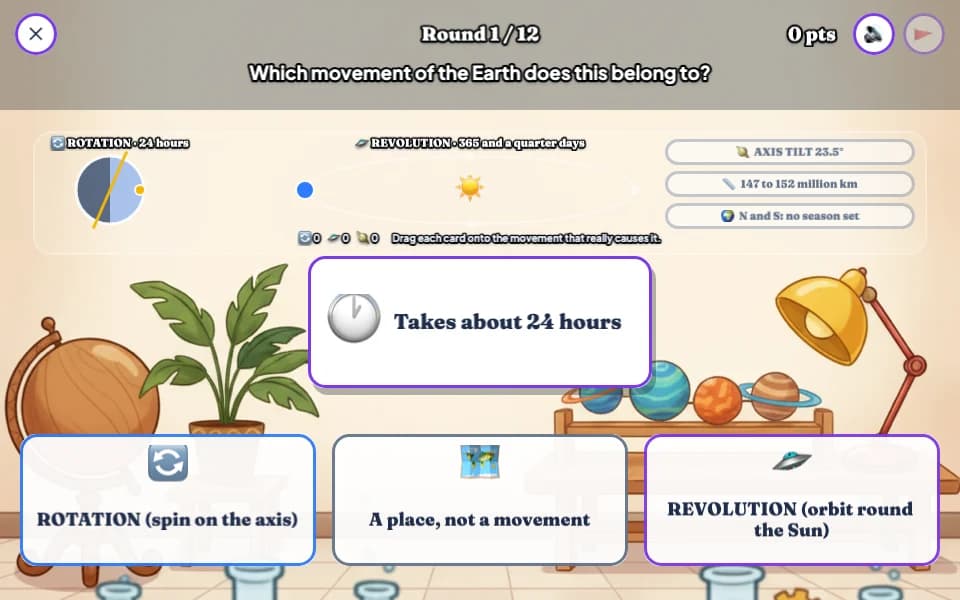 A classroom with a globe and planet models, where the card Takes about 24 hours waits to be sorted into rotation, revolution, or a place and not a movement