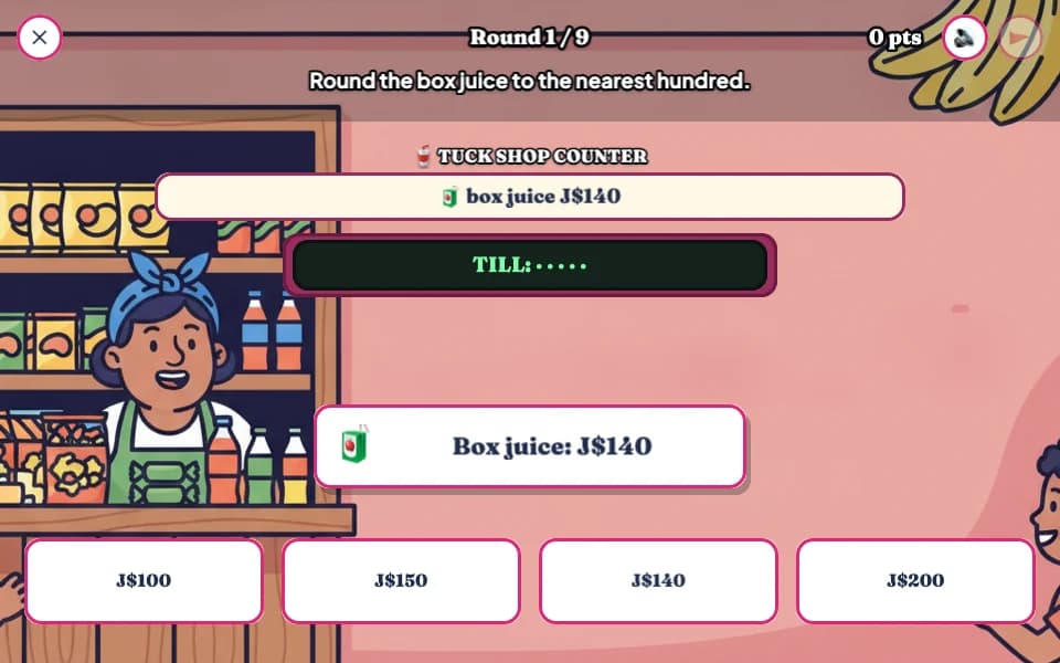 A smiling tuck shop vendor beside a question asking learners to round a J$140 box juice to the nearest hundred, with answers J$100, J$150, J$140 and J$200