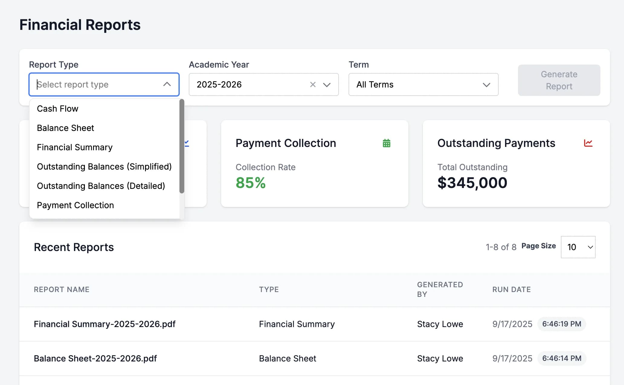 Reports interface showing financial reports and export options