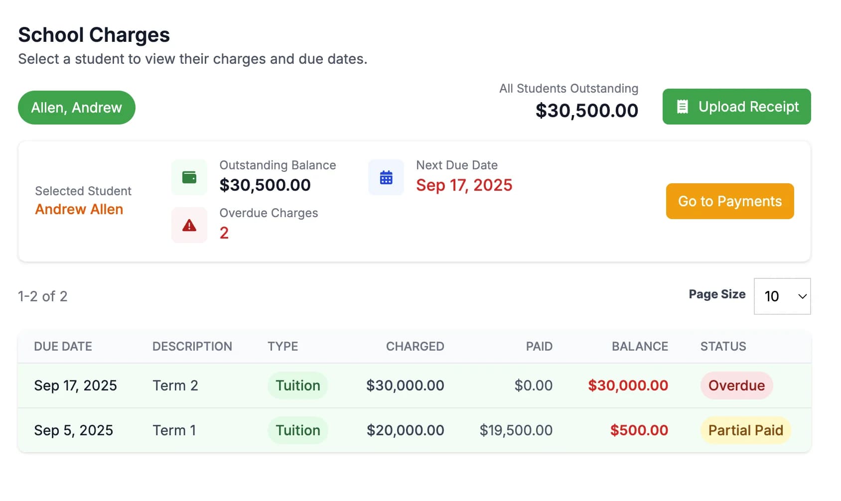 Billing dashboard showing automated invoice generation and payment tracking