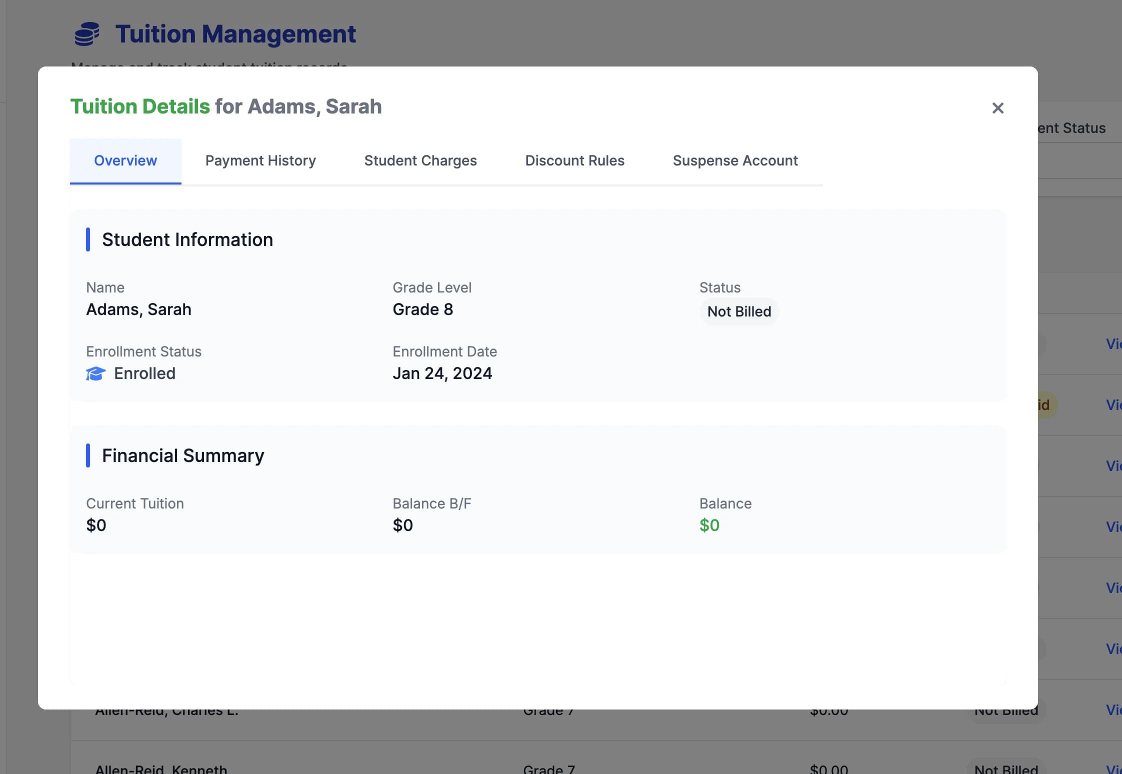 Student details setup interface showing configuration options