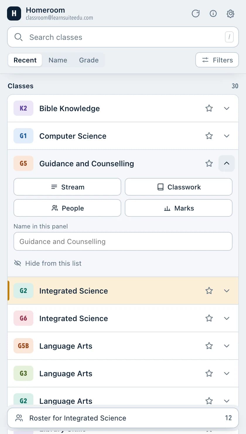 A class row expanded in Homeroom showing Stream, Classwork, People and Marks buttons, a nickname field and a hide option
