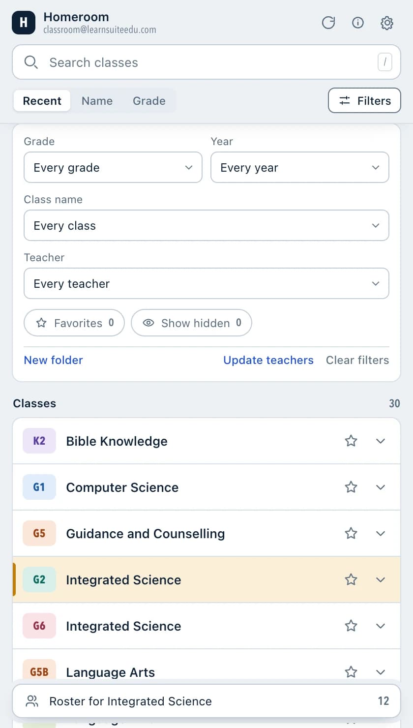 The Homeroom filter panel with dropdowns for grade, year, class name and teacher, plus favorites and show hidden toggles