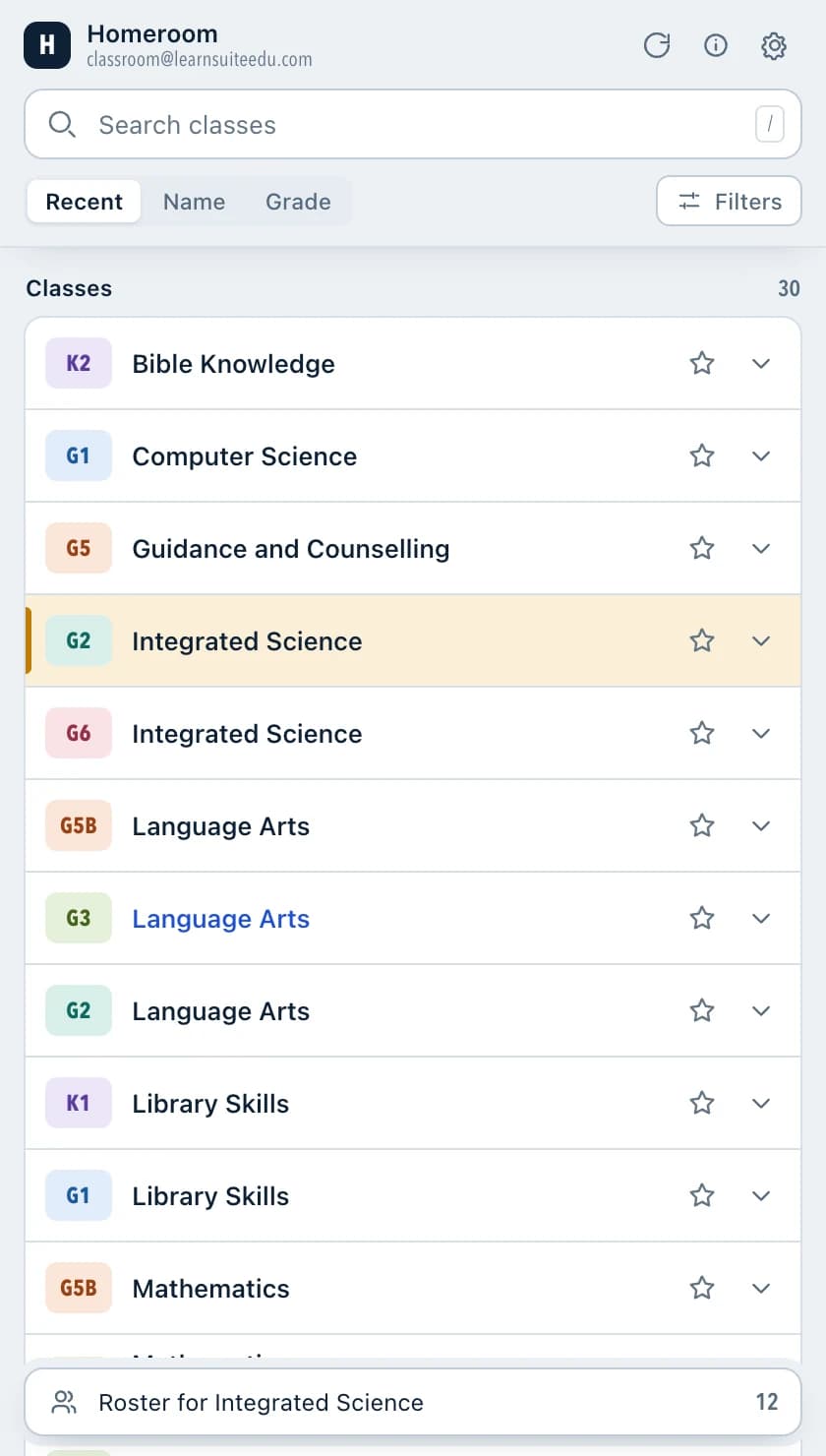 The Homeroom side panel listing thirty Google Classroom classes, each with a colour-coded grade badge