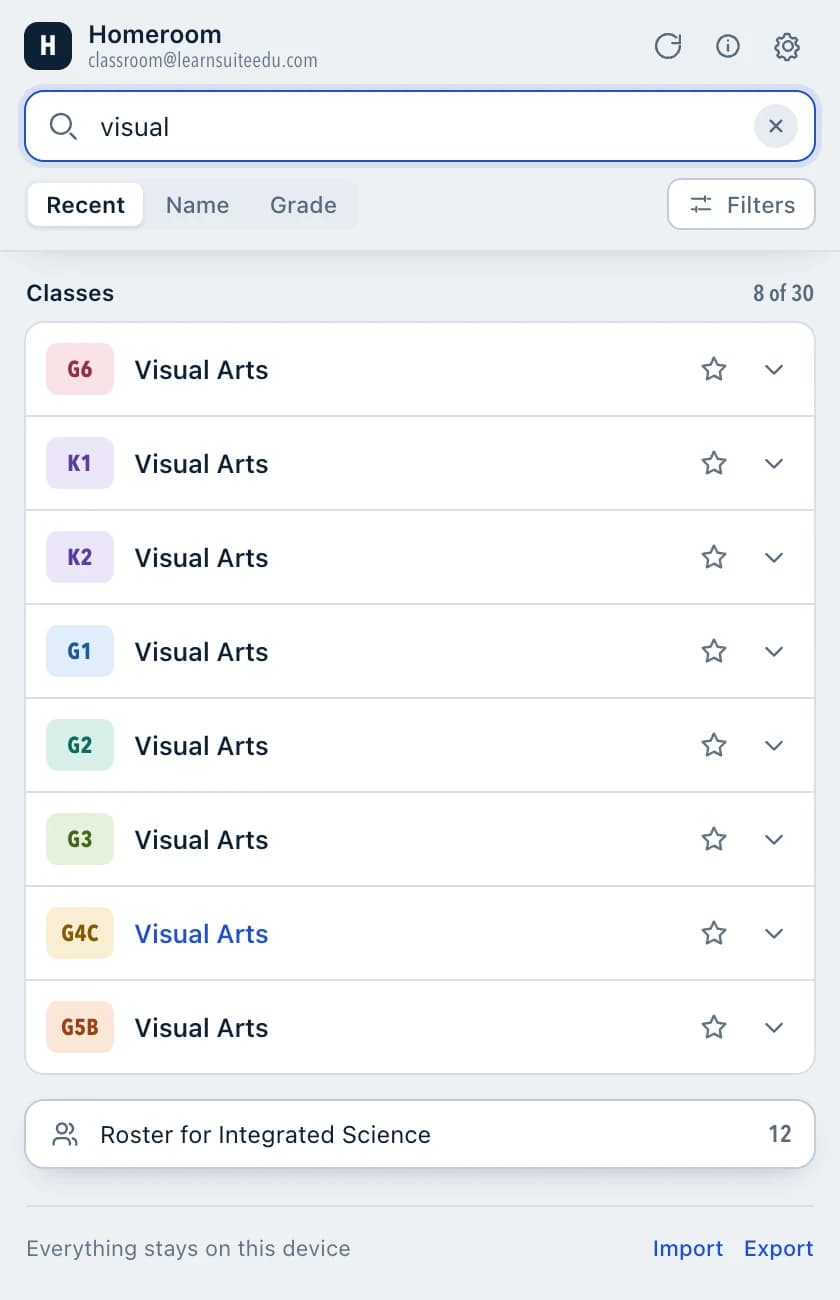 The Homeroom side panel in Google Classroom, with the word visual typed into the search box and the class list narrowed from thirty classes to eight