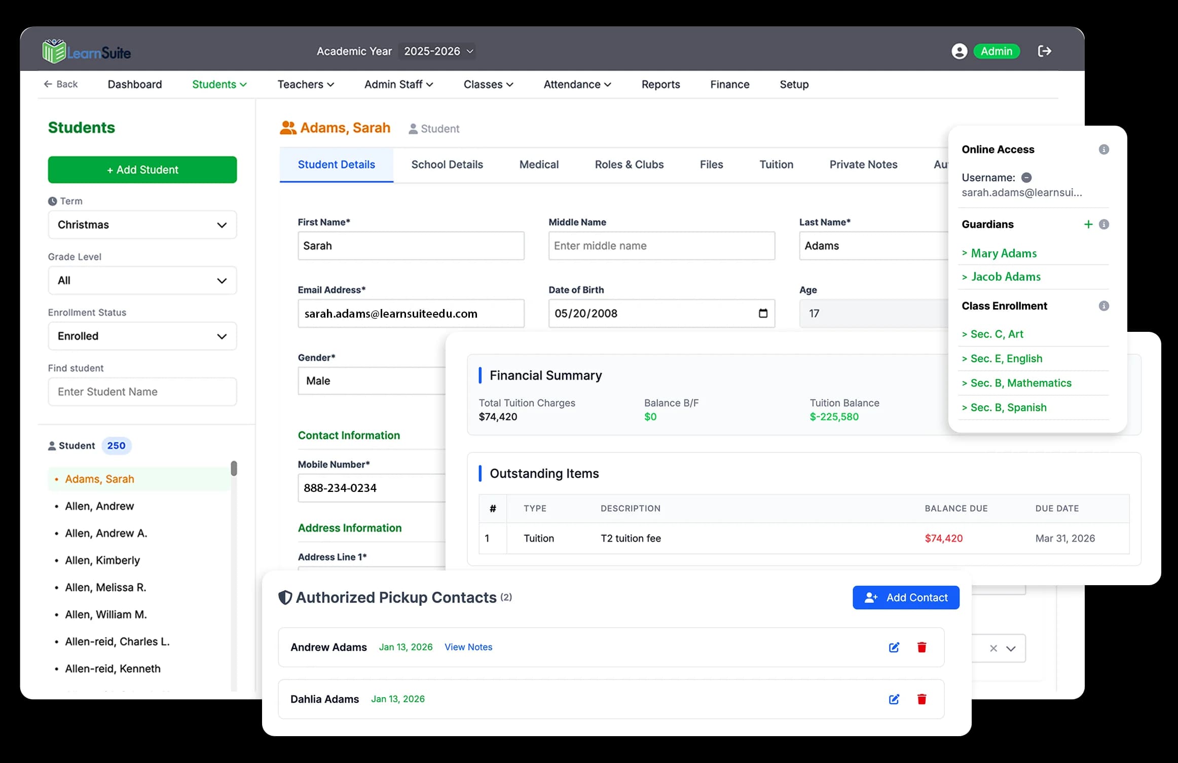 LearnSuite student records dashboard