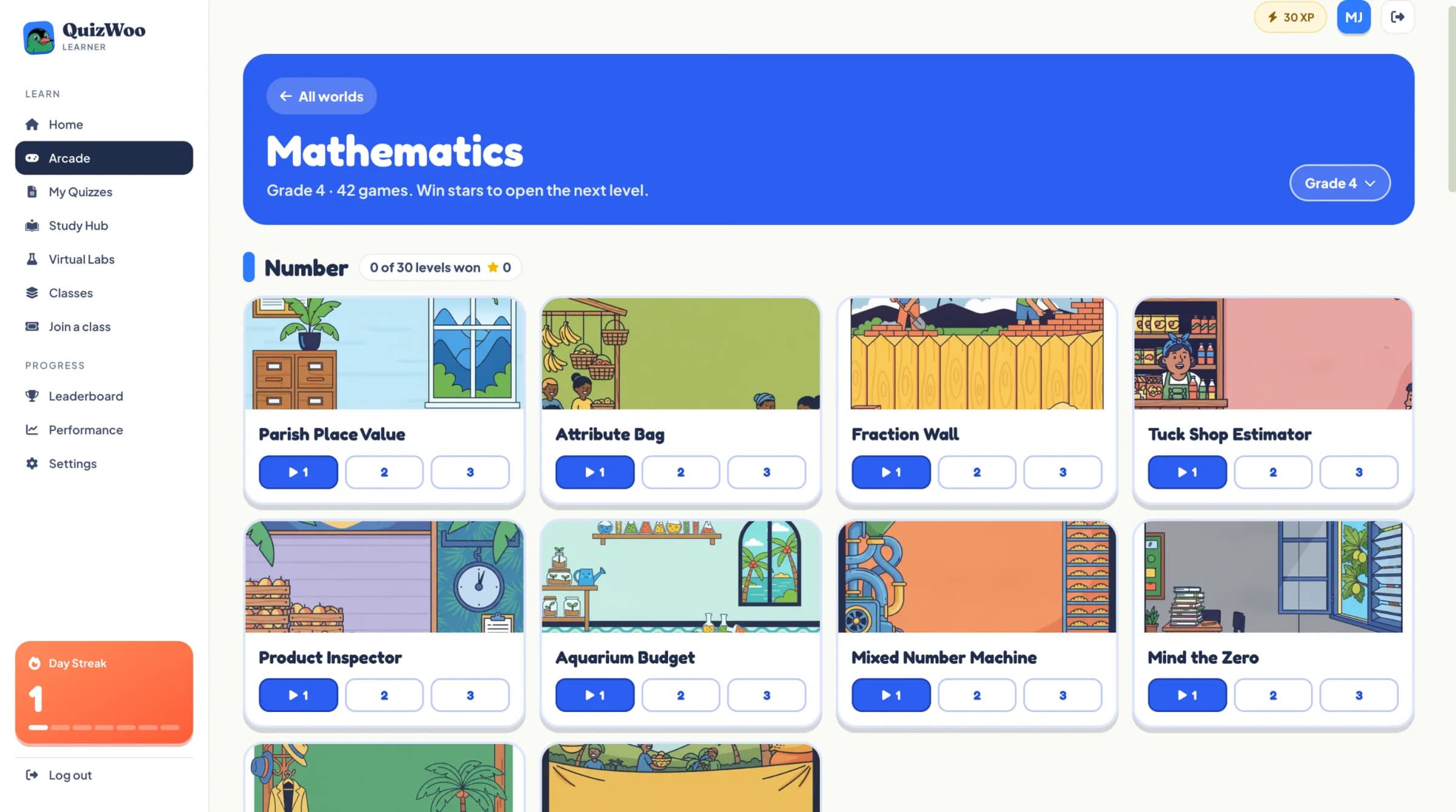 The Grade 4 Mathematics world in QuizWoo, showing game cards such as Parish Place Value, Fraction Wall and Tuck Shop Estimator, each with three levels