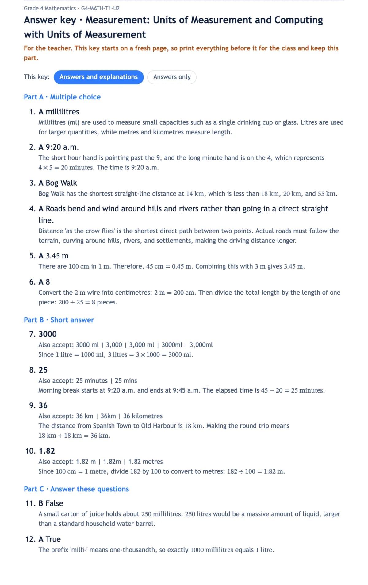 The answer key for the same worksheet, with a choice of answers and explanations or answers only, and a worked reason under each answer