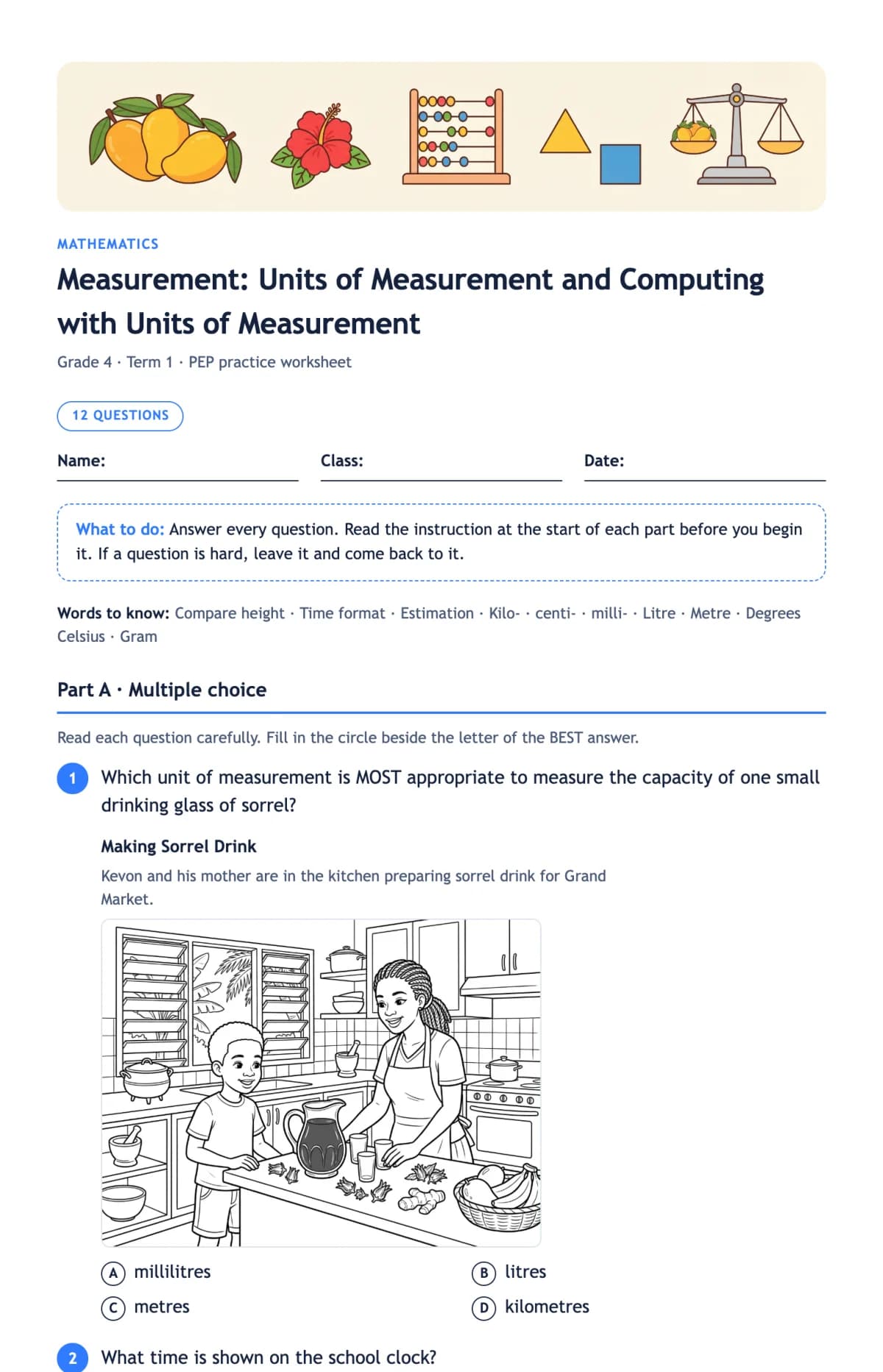 The first page of a Grade 4 Measurement worksheet, with a picture banner, name and class lines, words to know, and a multiple-choice question about measuring a glass of sorrel drink with a drawing of a family kitchen